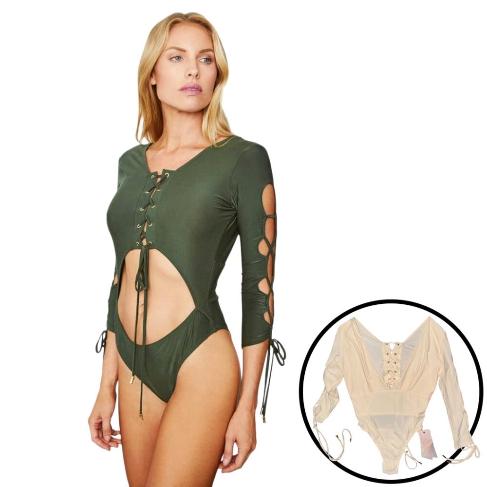 We are HAH Free People Cream Lace Up Naughty Noosha Bodysuit Balletcore Dancer